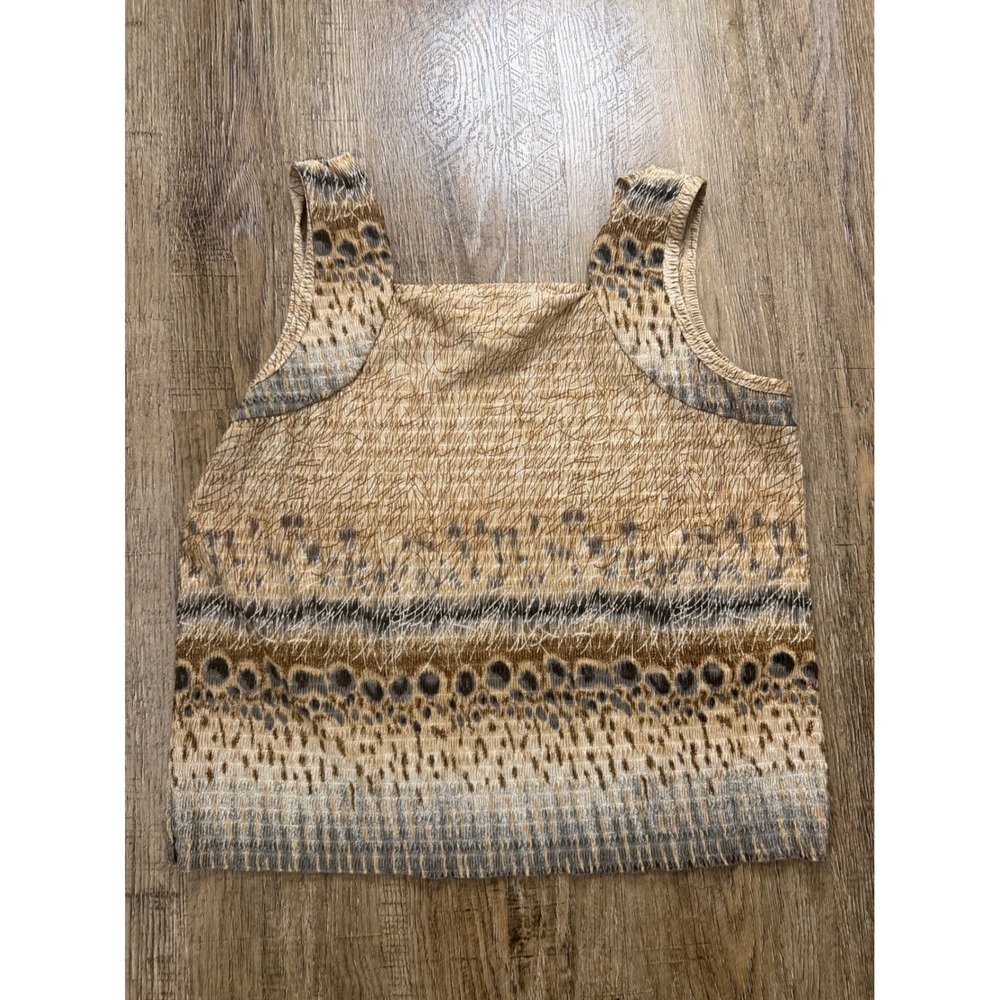 Pleat Pleat by Rafael Tank Top Medium Brown Tan Plisse Crinkle Animal Print Boho